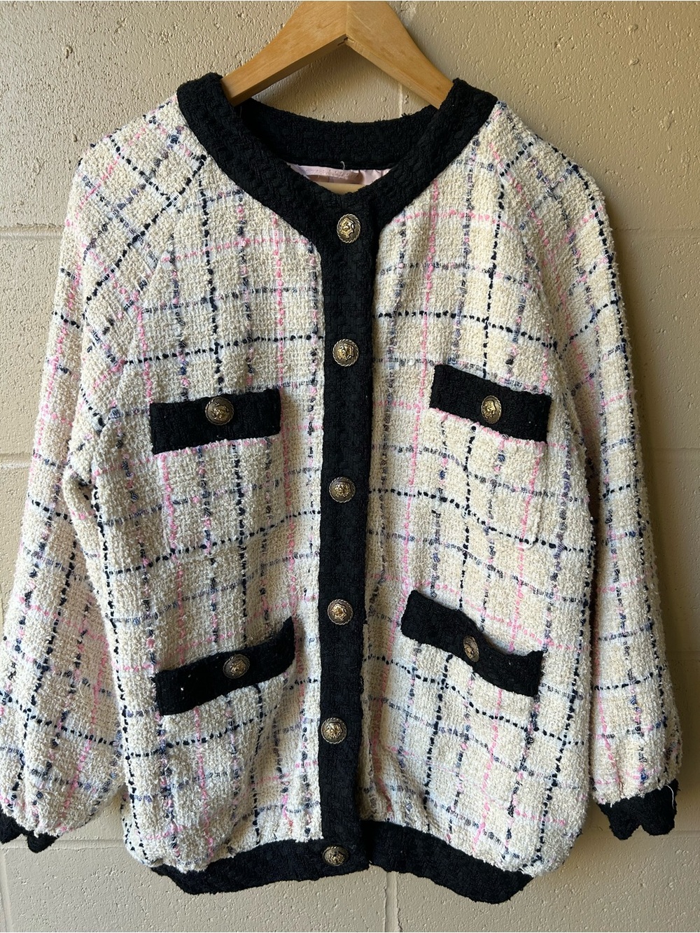 Cream Tweed Blazer with Black Trim and Pink Accents